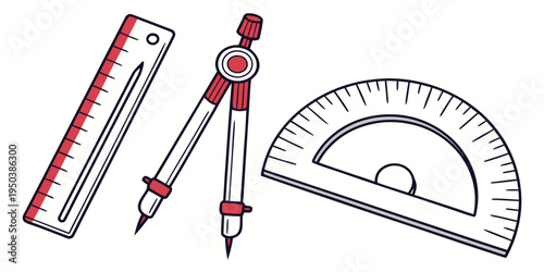 An assortment of drafting tools including a ruler, compass, and protractor