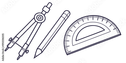 A collection of various geometric drawing tools including a compass, protractor, and pencil.