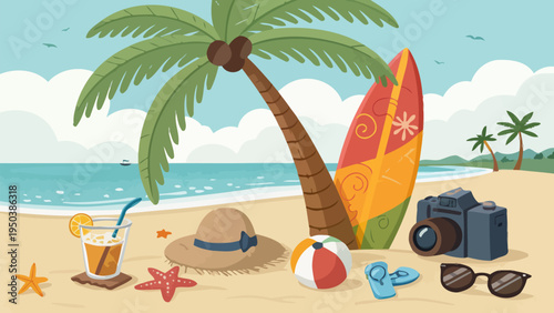 Beach vacation setup with palm tree surfboard coconut drink flip flops and camera on sandy shore