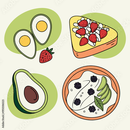 Healthy breakfast set: avocado toast, eggs, and yogurt bowl with berries, healthy food, cafe menu, healthy eating, food background, food illustration