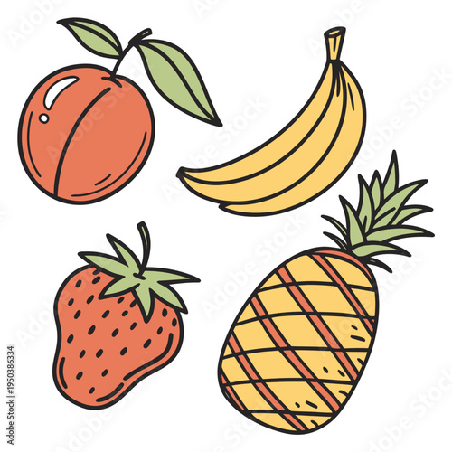 Fresh fruit assortment doodle: peach, banana, strawberry, and pineapple, hand drawn, tropical fruit, fruit bowl, healthy eating, food art