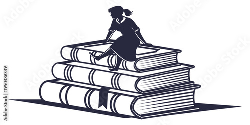 A student sits atop a towering stack of books, engrossed in reading.