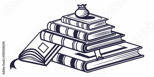 A stack of ancient books with a skull resting on top, symbolizing knowledge and mystery.