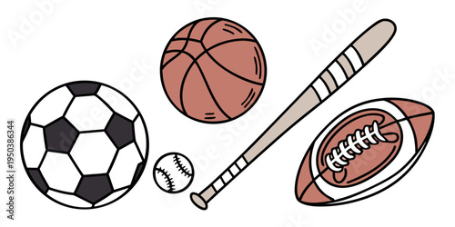 Assorted sports equipment including a soccer ball, basketball, baseball, and football.