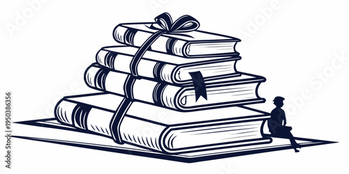 A person sitting on a stack of books tied with a ribbon
