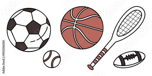 A collection of various sports balls and equipment including a tennis racket