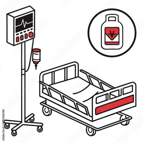 Hospital medical equipment: hospital bed, iv drip, and monitor icon for healthcare services, iv drip, heart rate monitor, vital signs, intensive care, medical device