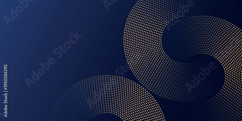 Dark blue gradient background with elegant dotted circle line decoration. Luxurious golden curved line design. Minimalist concept for cover, banner, brochure, presentation, and certificate. EPS. 2