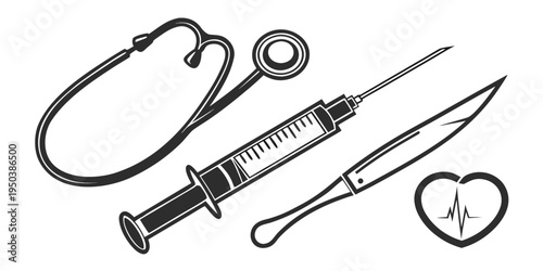 Medical tools including a stethoscope, syringe, scalpel, and heart rate monitor.