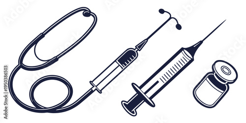 Medical equipment including stethoscope, syringes, and a small bottle