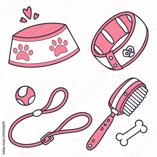 Pink illustration of dog accessories: bowl, collar, leash, brush, and bone, ideal for pet-related websites, products, and marketing materials, food bowl, pet supplies