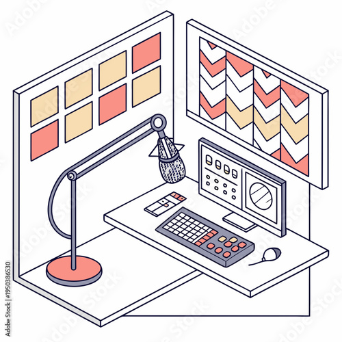 Isometric podcast recording studio setup with professional microphone and sound control for audio content creation with computer monitor with sound mixer with mixing console