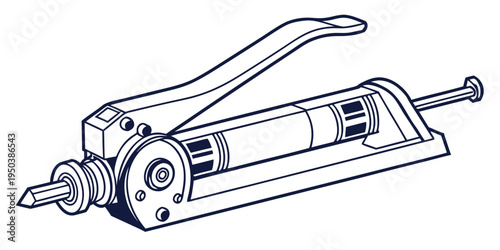 A detailed illustration of a caulking gun with a transparent barrel and a loaded cartridge.