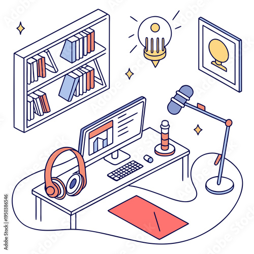 Creative home office workspace isometric illustration with podcast equipment, bookshelf, and inspiration elements, desktop computer, podcast microphone, desk setup