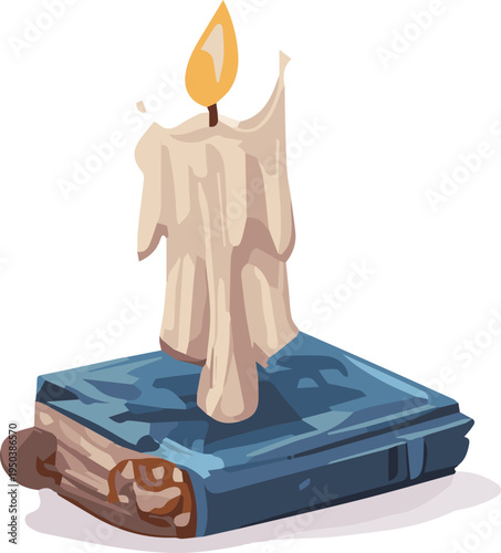 Magical spell book with burning candle, ancient grimoire fantasy game icon illustration