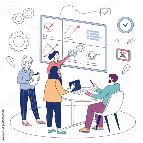 Business team meeting and data analysis illustration with professionals discussing charts and corporate strategy with presentation board with vector art with strategy planning