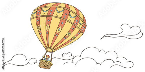 A vibrant hot air balloon floating above fluffy white clouds in a clear blue sky.
