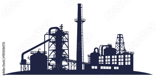 Silhouette of industrial factory buildings with tall chimneys and smokestacks