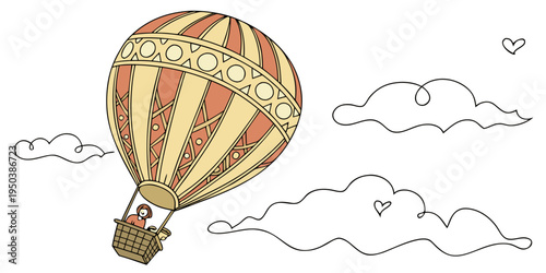 A vintage hot air balloon floating above fluffy clouds in a clear blue sky