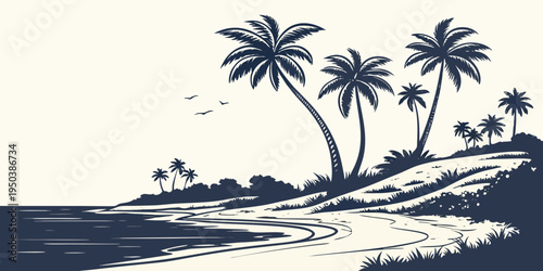 Palm trees on a sandy beach with a clear blue sky and ocean waves