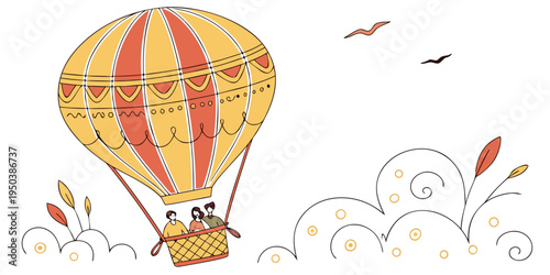 A whimsical hot air balloon journeying through a sky filled with floating objects