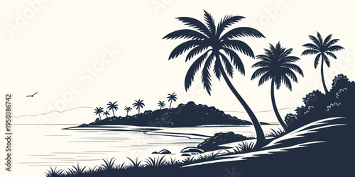 A serene tropical island with palm trees and a calm ocean in the background