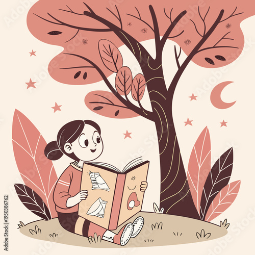Enchanting nighttime reading: little girl under a tree with a book, stars, and crescent moon - whimsical kids illustration, night scene, story time, bedtime story