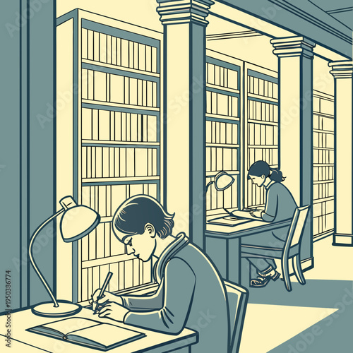 Focused students studying at desks in a grand library with tall bookshelves, emphasizing concentration and academic research, higher education, library interior