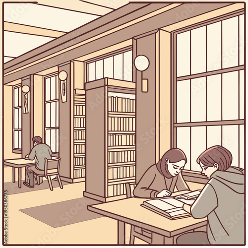 Students studying in a university library illustration with bookshelves and tables, ideal for education and learning concepts, student life, library interior