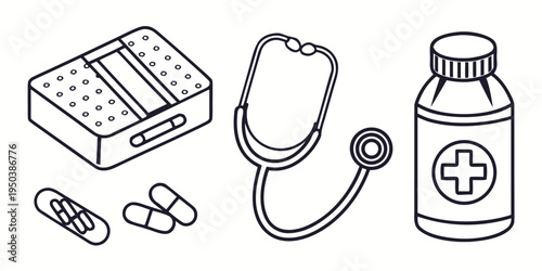 Medical supplies including a stethoscope, pills, and a first aid kit