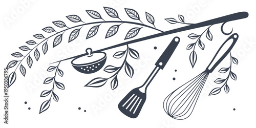 Various kitchen tools and utensils with a laurel branch in the background.