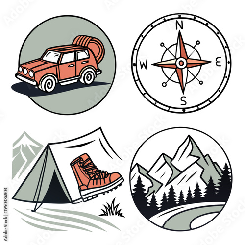 Outdoor adventure and camping icons set: off-road vehicle, compass, tent, hiking boot, and mountain landscape elements, pine trees, fresh air