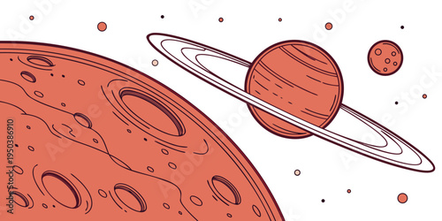 A vibrant illustration of a planet with rings and its moons in space.