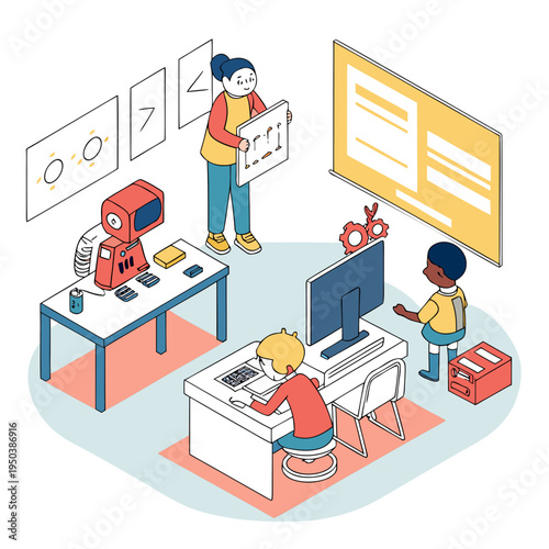 Children learning robotics and coding in a modern stem classroom: isometric illustration of kids and teacher with robot, computers, and educational tech, robotics class