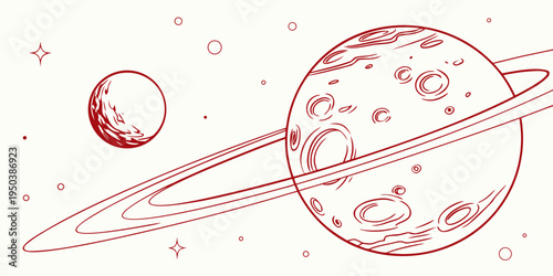 A whimsical illustration of a planet with a crescent moon orbiting it.