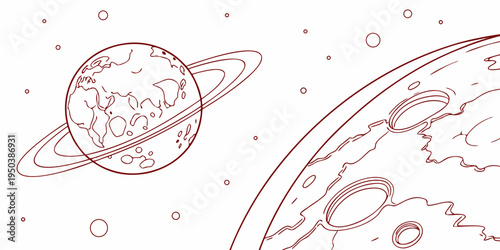 Astronomical illustration of planets with intricate line art and celestial bodies