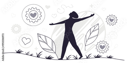 A person with outstretched arms surrounded by flowers and hearts.