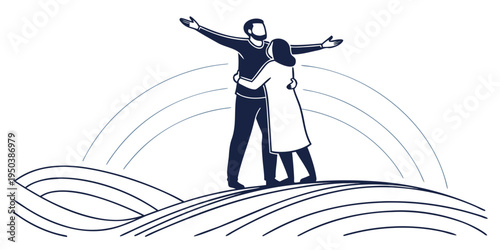 Couple embracing on a hilltop under a radiant sun with open arms.