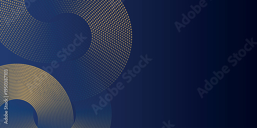 Dark blue gradient background with elegant dotted circle line decoration. Luxurious golden curved line design. Minimalist concept for cover, banner, brochure, presentation, and certificate. EPS. 3