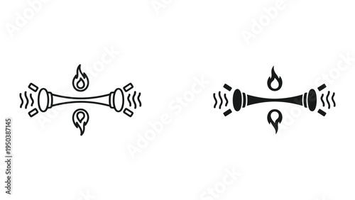 Abstract Fire and Water Hose Nozzle Icon with Sound Waves and Flame Symbols
