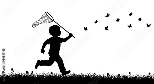 Child running with net catching butterflies in grass silhouette vector summer concept