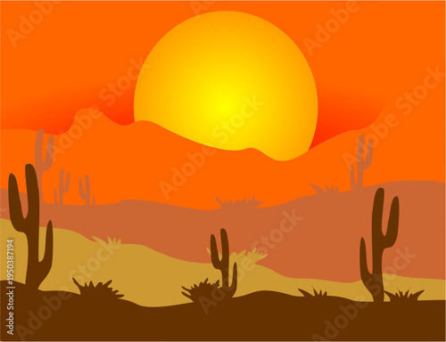 Vibrant Desert Sunset Illustration with Saguaro Cactus and Sand Dunes