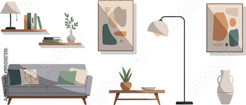 A minimalist living room with a sofa, coffee table, shelving, and art