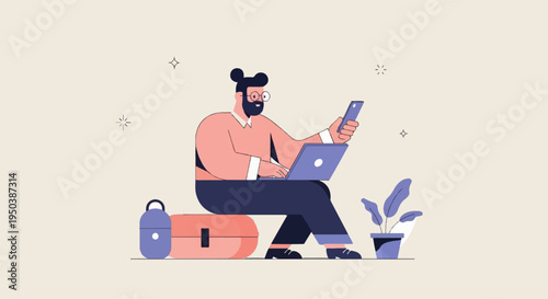 A person with a beard and glasses works on a laptop and phone