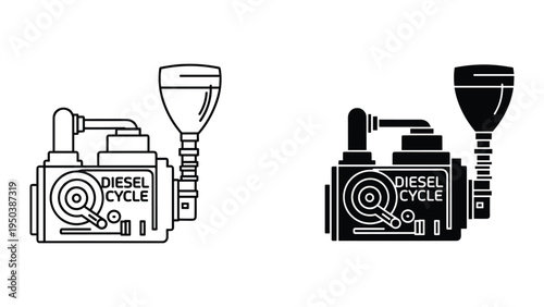 Diesel Engine Cycle Diagram Icon - Line Art and Solid Black Vector Illustrations
