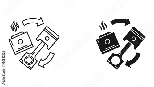Piston Engine Cycle Icon Set: Line Art and Solid Fill for Mechanical Motion and Power