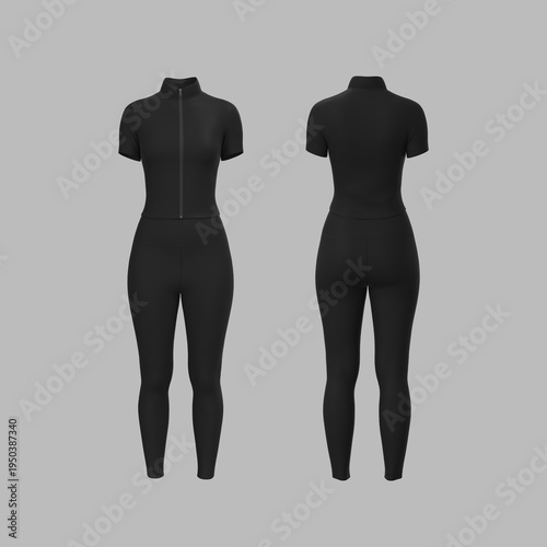 Women’s Zip Tracktop and Leggings Set Mockup. Front, Side, Back View	