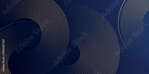 Dark blue gradient background with elegant dotted circle line decoration. Luxurious golden curved line design. Minimalist concept for cover, banner, brochure, presentation, and certificate. EPS. 5