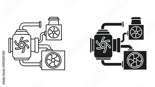 Cooling System Icon Set: Radiator, Pump, and Fans - Line Art and Solid Styles