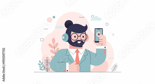 Stylized person with headphones and smartphone in abstract background
